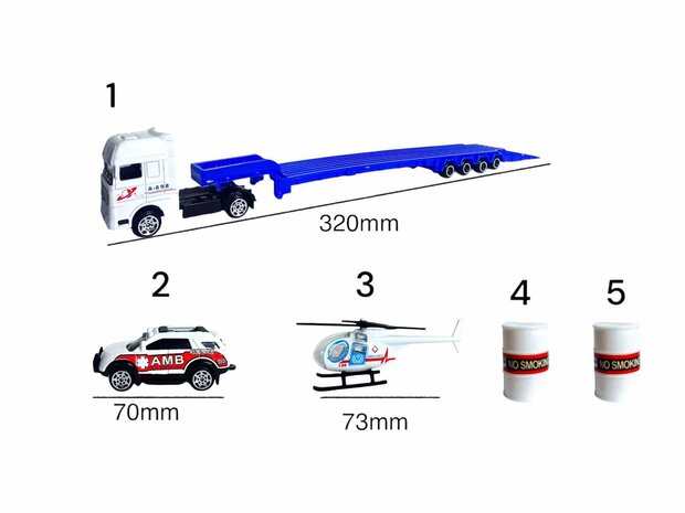 Vrachtwagen Ambulance + auto en helikopter - DIE-CAST - autotransporter + 2 mini auto&#039;s 3in1