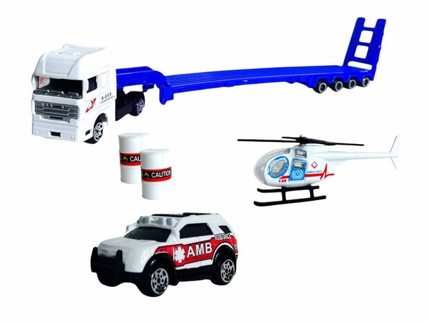 Vrachtwagen Ambulance + auto en helikopter - DIE-CAST - autotransporter + 2 mini auto&#039;s 3in1