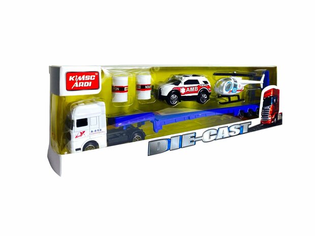 Vrachtwagen Ambulance + auto en helikopter - DIE-CAST - autotransporter + 2 mini auto&#039;s 3in1