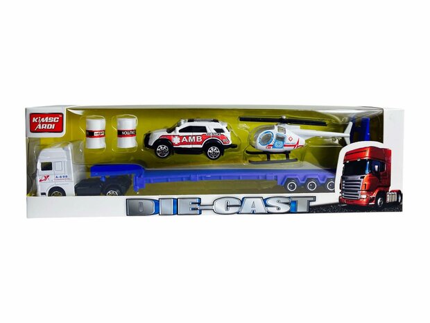 Vrachtwagen Ambulance + auto en helikopter - DIE-CAST - autotransporter + 2 mini auto&#039;s 3in1