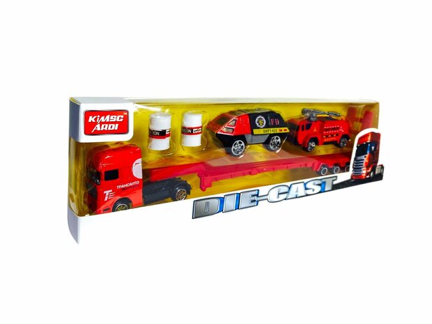DIE-CAST - Vrachtwagen brandweerauto&#039;s - autotransporter + 2 mini auto&#039;s 3in1