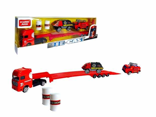 DIE-CAST - Vrachtwagen brandweerauto&#039;s - autotransporter + 2 mini auto&#039;s 3in1