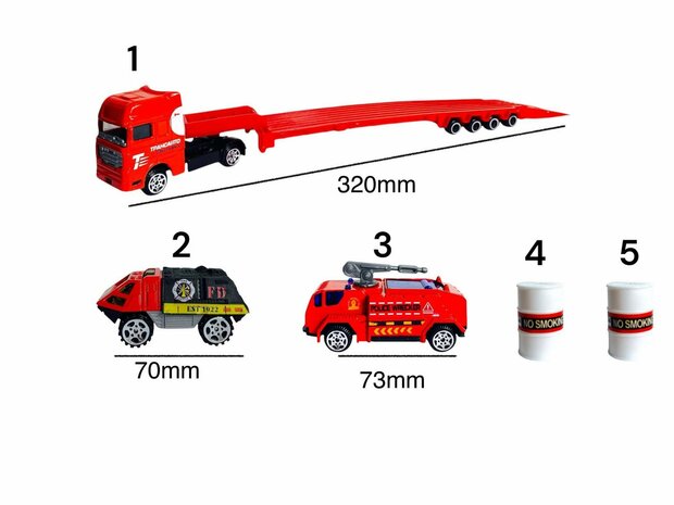 DIE-CAST - Vrachtwagen brandweerauto&#039;s - autotransporter + 2 mini auto&#039;s 3in1