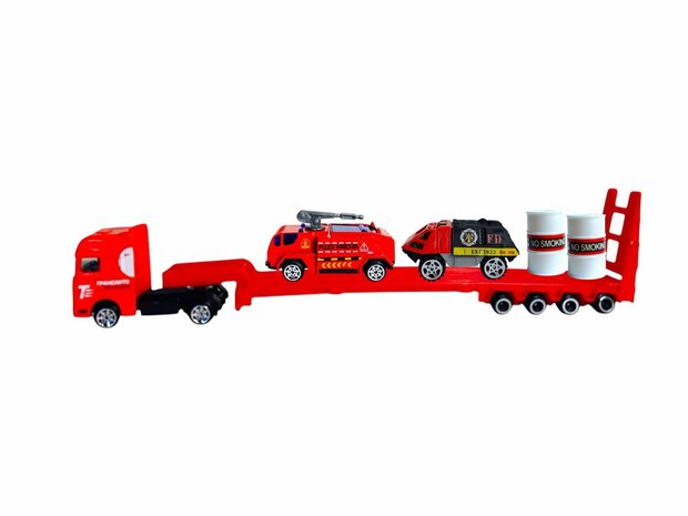 DIE-CAST - Vrachtwagen brandweerauto&#039;s - autotransporter + 2 mini auto&#039;s 3in1