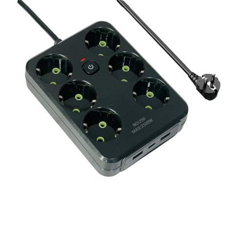 Stekkerdoos met 6 Stopcontacten, 2 USB-poorten + 1 USB-C - 2500W - 2 Meter - zwart en Wit - Lucky Hawk