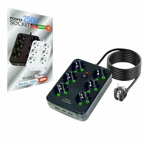 Stekkerdoos met 6 Stopcontacten, 2 USB-poorten + 1 USB-C - 2500W - 2 Meter - zwart en Wit - Lucky Hawk