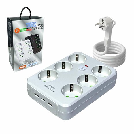 Stekkerdoos met 6 Stopcontacten, 2 USB-poorten + 1 USB-C - 2500W - 2 Meter - zwart en Wit - Lucky Hawk