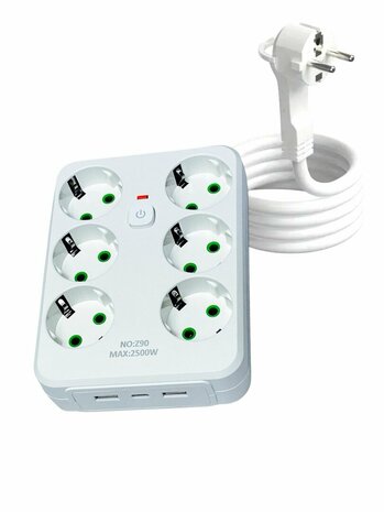 Stekkerdoos met 6 Stopcontacten, 2 USB-poorten + 1 USB-C - 2500W - 2 Meter - zwart en Wit - Lucky Hawk
