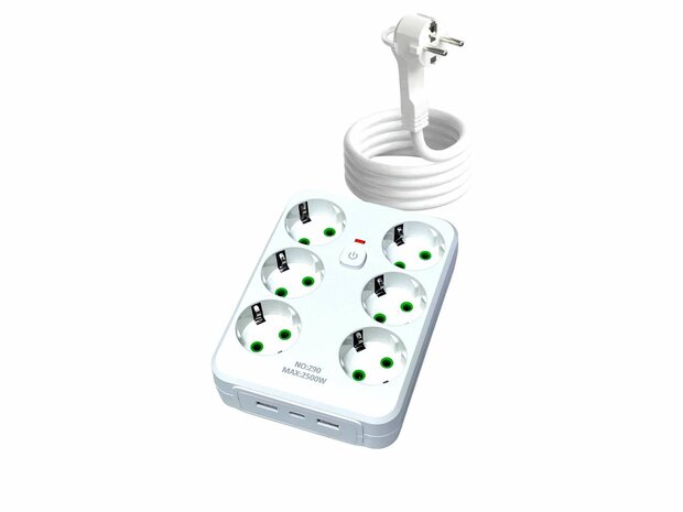 Stekkerdoos met 6 Stopcontacten, 2 USB-poorten + 1 USB-C - 2500W - 2 Meter - zwart en Wit - Lucky Hawk