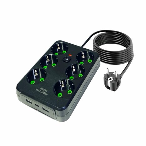 Stekkerdoos met 6 Stopcontacten, 2 USB-poorten + 1 USB-C - 2500W - 2 Meter - zwart en Wit - Lucky Hawk