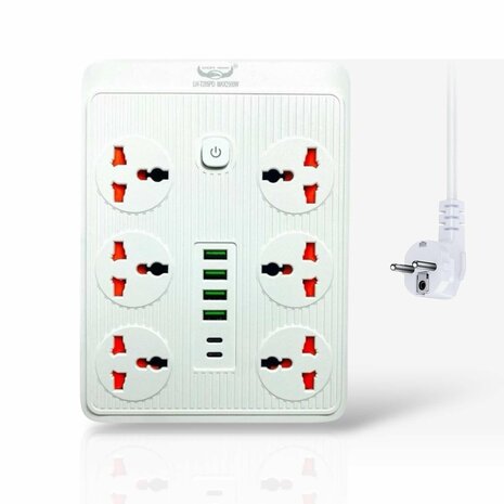 Premium Stekkerdoos met 6 Stekkers en 6 USB ingangen + 2 USB-C 20W Snellader 185 cm Kabel - Geschikt voor EU, UK, US | Aan/uit schakelaar