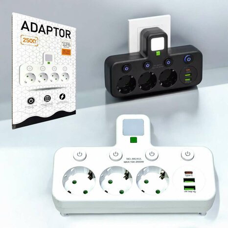 Stekkerdoos met 3 stopcontacten, 2 USB-poorten + 1 USB-C - 2500W - EU