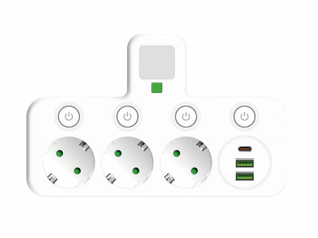 Stekkerdoos met 3 stopcontacten, 2 USB-poorten + 1 USB-C - 2500W - EU
