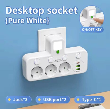 Stekkerdoos met 3 stopcontacten, 2 USB-poorten + 1 USB-C - 2500W - EU