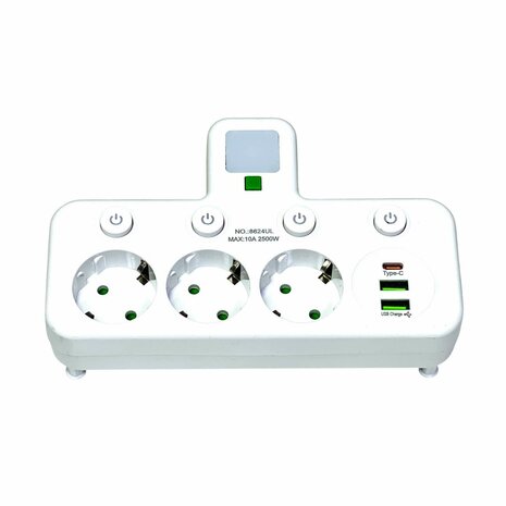 Stekkerdoos met 3 stopcontacten, 2 USB-poorten + 1 USB-C - 2500W - EU