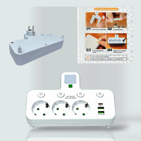 Stekkerdoos met 3 stopcontacten, 2 USB-poorten + 1 USB-C - 2500W - EU