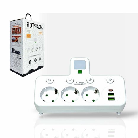 Stekkerdoos met 3 stopcontacten, 2 USB-poorten + 1 USB-C - 2500W - EU