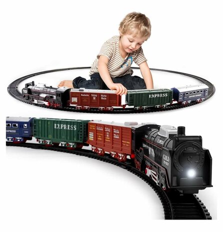 Elektrische trein - Klassiek - Met wagons, rails en ledverlichting - Railwagon - 19-delige vintage trein