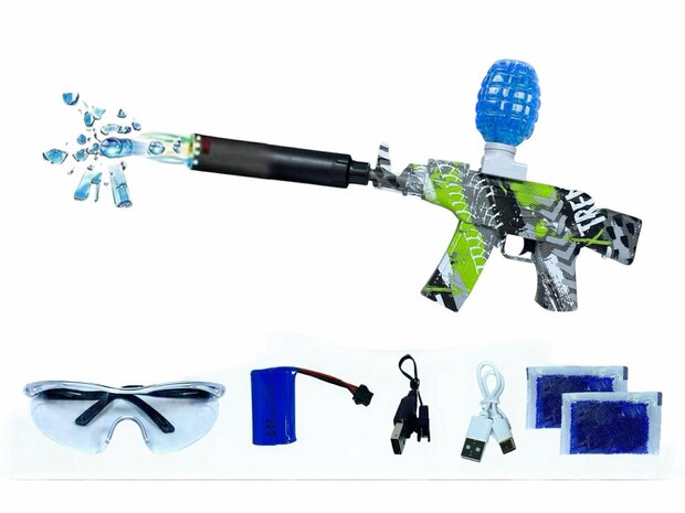 Gel Blaster AK47 Groen- Luminous Silencer met Led licht - compleet set - oplaadbaar - 45 cm 