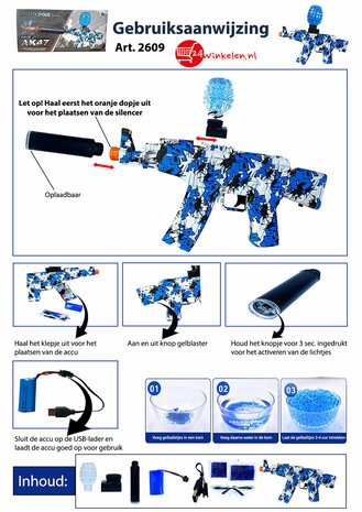 Gel Blaster AK47 - Luminous Silencer met Led licht - compleet set - oplaadbaar - 45 cm Blauw