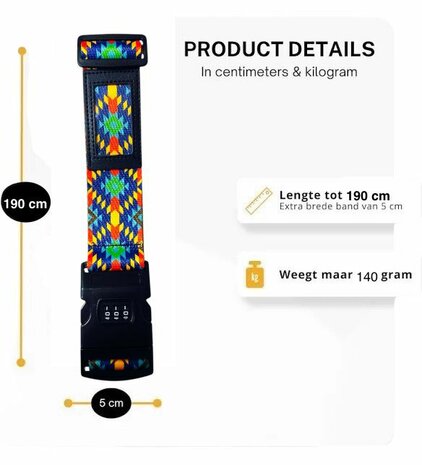 Bagageriemen met Cijferslot &ndash; Verstelbare tot 190CM - met ID-label - Nylon