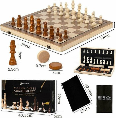 Magnetisches Schach- und Damebrett &ndash; 39 x 39 cm &ndash; Faltbares 2-in-1-Holzbrett &ndash; Inkl. Reisetasche