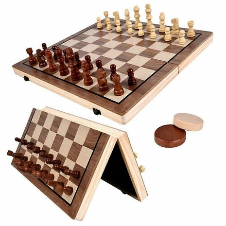 Magnetisches Schach- und Damebrett &ndash; 39 x 39 cm &ndash; Faltbares 2-in-1-Holzbrett &ndash; Inkl. Reisetasche