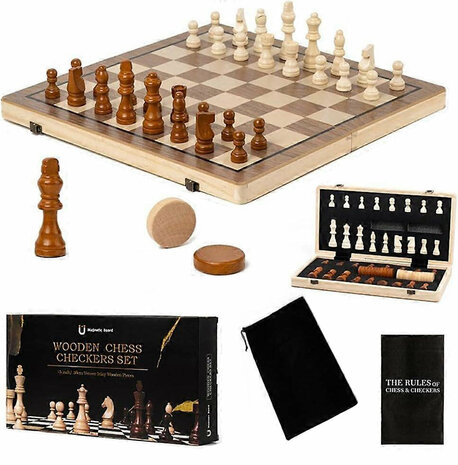 Magnetisches Schach- und Damebrett &ndash; 39 x 39 cm &ndash; Faltbares 2-in-1-Holzbrett &ndash; Inkl. Reisetasche