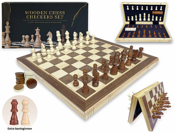 Jeu d'&eacute;checs et de dames magn&eacute;tique de luxe 2 en 1 - Bois de ch&ecirc;ne - &Eacute;chiquier pliable - Jeu d'&eacute;checs et de dames en bois