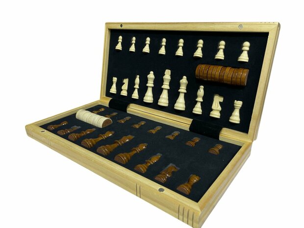 Jeu d'&eacute;checs et de dames magn&eacute;tique de luxe 2 en 1 - Bois de ch&ecirc;ne - &Eacute;chiquier pliable - Jeu d'&eacute;checs et de dames en bois