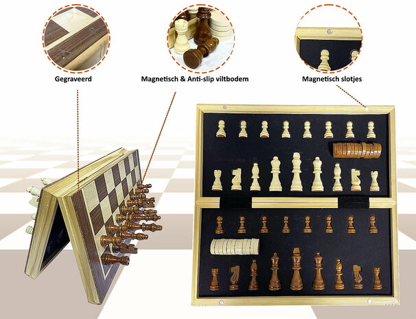 Jeu d'&eacute;checs et de dames magn&eacute;tique de luxe 2 en 1 - Bois de ch&ecirc;ne - &Eacute;chiquier pliable - Jeu d'&eacute;checs et de dames en bois