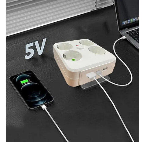 Multiprise europ&eacute;enne, 4 prises sans rallonge avec 2 ports USB 1 Type-C