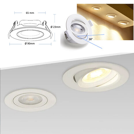 LED spot 5w verstelbaar 3000K- Inbouwspot 90x23x65mm