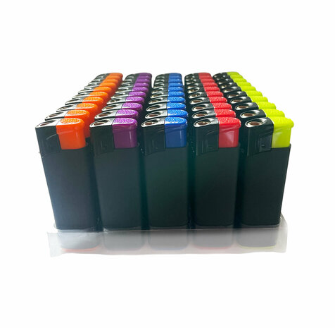 Turbo Aanstekers - Multicolour caps, HC Black body - Unilite - tray van 50 stuks 