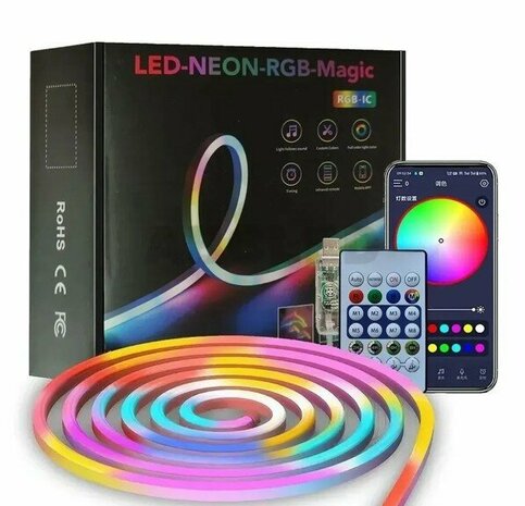 Bande LED n&eacute;on 5 m - Contr&ocirc;le par application et t&eacute;l&eacute;commande - LED RGB - 7 x 14 mm
