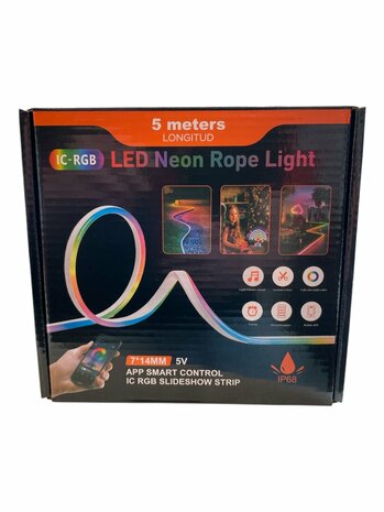 Bande LED n&eacute;on 5 m - Contr&ocirc;le par application et t&eacute;l&eacute;commande - LED RGB - 7 x 14 mm