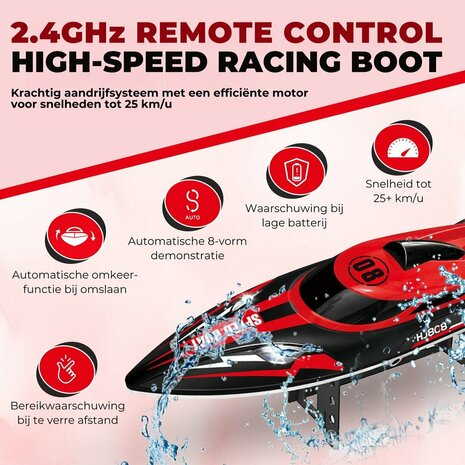 Speed Race boot &ndash; HJ808 RC Speedboot met 2.4 GHz Afstandsbediening - Rood