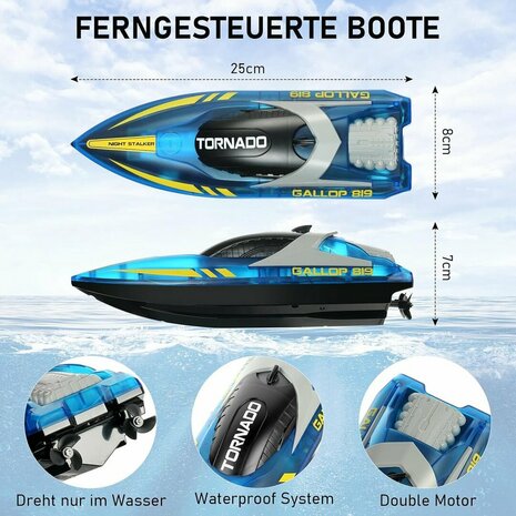Gallop RC Speedboot &ndash; LED-verlichting, Hoge Snelheid - 2.4GHZ  Tornado boat Blue