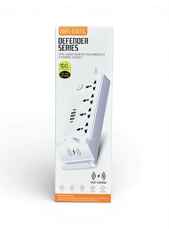 Universeel stekkerdoos met 4 stopcontacten en 3 USB-ingangen - 2 USB-C 20W + draadloze oplader voor mobiele apparaten