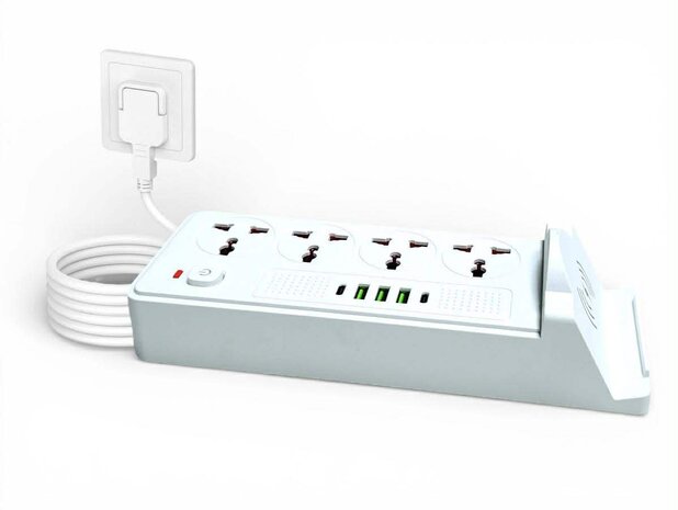Universeel stekkerdoos met 4 stopcontacten en 3 USB-ingangen - 2 USB-C 20W + draadloze oplader voor mobiele apparaten