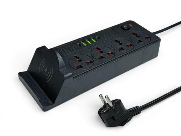 Universeel stekkerdoos met 4 stopcontacten en 3 USB-ingangen - 2 USB-C 20W + draadloze oplader voor mobiele telefoons