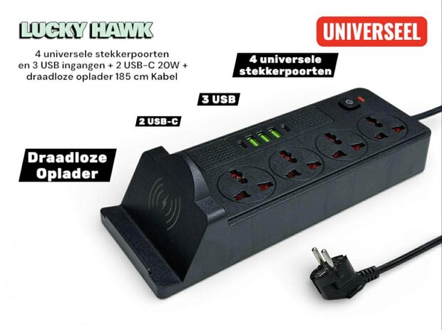 Universeel stekkerdoos met 4 stopcontacten en 3 USB-ingangen - 2 USB-C 20W + draadloze oplader voor mobiele telefoons