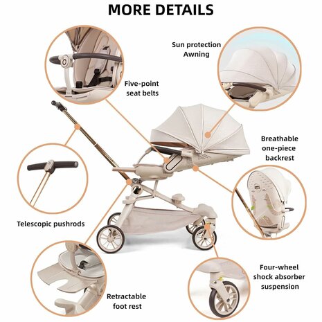 Kinderwagen Baobaohao V16 Buggy beige voor kinderen van 0-3 jaar &ndash; Luxe, lichtgewicht en opvouwbaar
