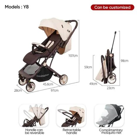 Kinderwagen Baobaohao Y8 Buggy &ndash; Luxe, Lichtgewicht &amp; Inklapbare voor 0-3 Jaar beige-brown.