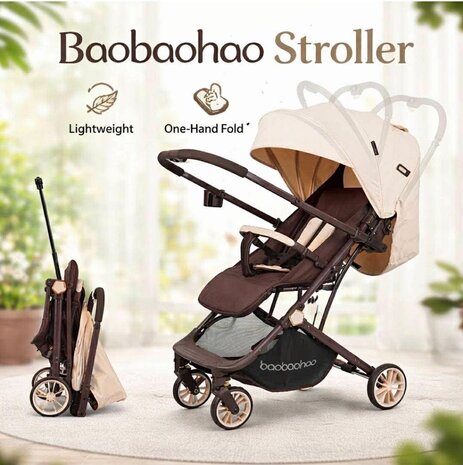 Kinderwagen Baobaohao Y8 Buggy &ndash; Luxe, Lichtgewicht &amp; Inklapbare voor 0-3 Jaar beige-brown.