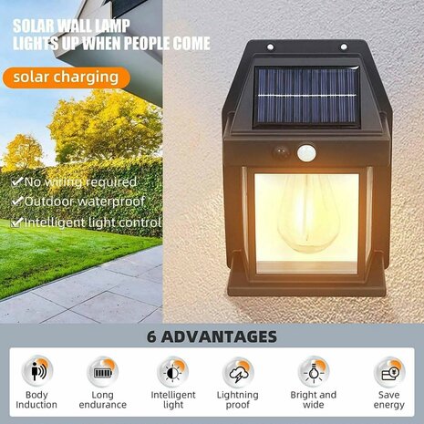 Solar Buitenlamp met bewegingssensor - Wandlamp - Waterdicht - IP65 weerbestendig - Zwart
