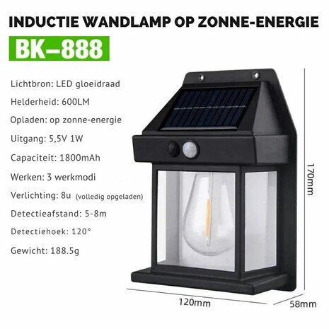 Solar Buitenlamp met bewegingssensor - Wandlamp - Waterdicht - IP65 weerbestendig - Zwart