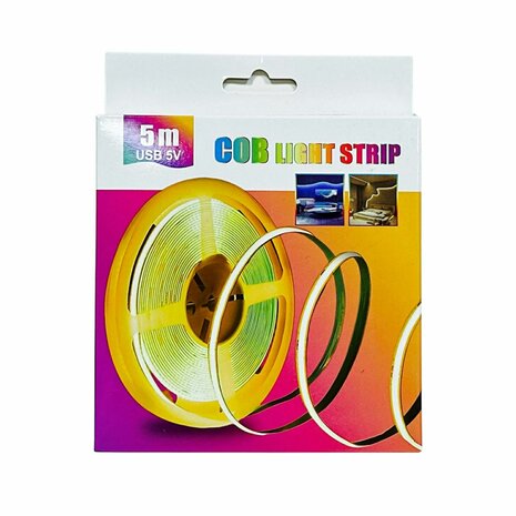 USB LED Strip 5 Meters Warm White 3000K - COB LED Lighting - Self-Adhesive, Flexible &amp; Cuttable