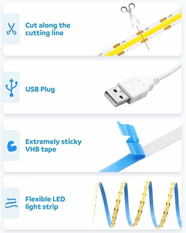 USB LED Strip 5 Meters Cool White 6500K &ndash; COB LED Lighting for Bright and Modern Light
