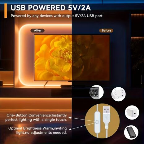 USB LED Strip 5 Meters Warm White 3000K - COB LED Lighting - Self-Adhesive, Flexible &amp; Cuttable
